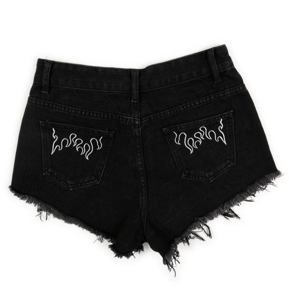 SHEIN Jeans black cutoff denim short w/ flames back pockets size S - Picture 1 of 5